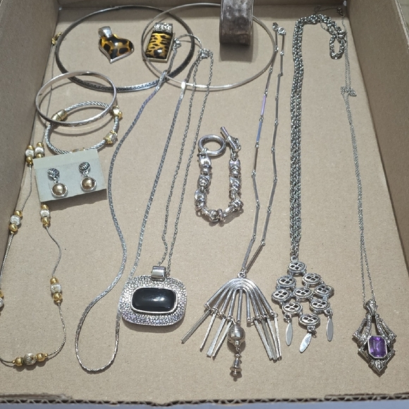 Mixed Jewelry - Brutilist Modernist Jewelry Bundle. Silvertone Necklace Bracelet Earring 15 Pc